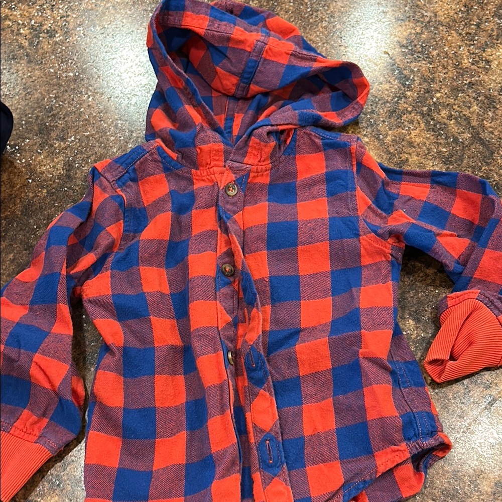 Hanna Anderson Red and Blue Plaid Kids Hooded Shirt 3t see pic with small snag